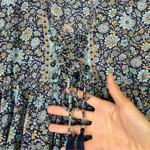 Anthropologie Boemo Maxi Dress L women Blue L Ruffle Tiered lace up boho Floral - Picture 5 of 14